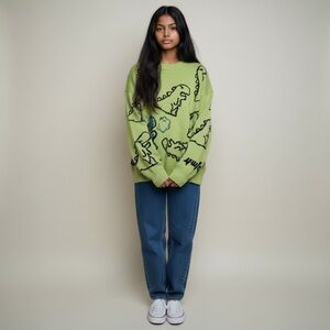 Aelfric Eden Green Dinosaur Cartoon Pattern Knit Sweater L